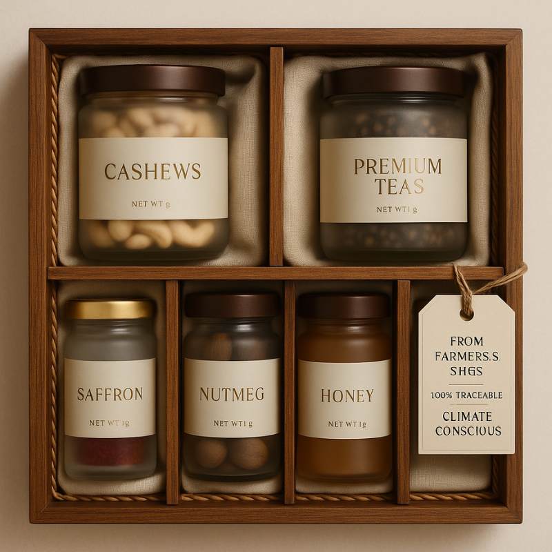 Organic Indian spices collection including cardamom, turmeric, and black pepper for corporate gift hampers