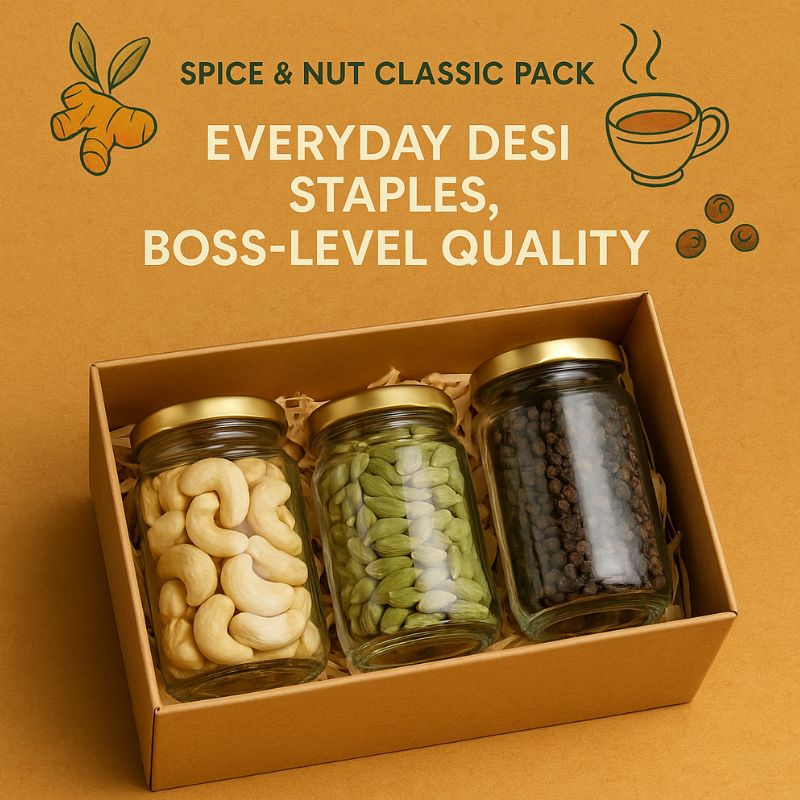 Premium corporate gift box with assorted dry fruits, cashews, almonds, and organic spices for employee appreciation