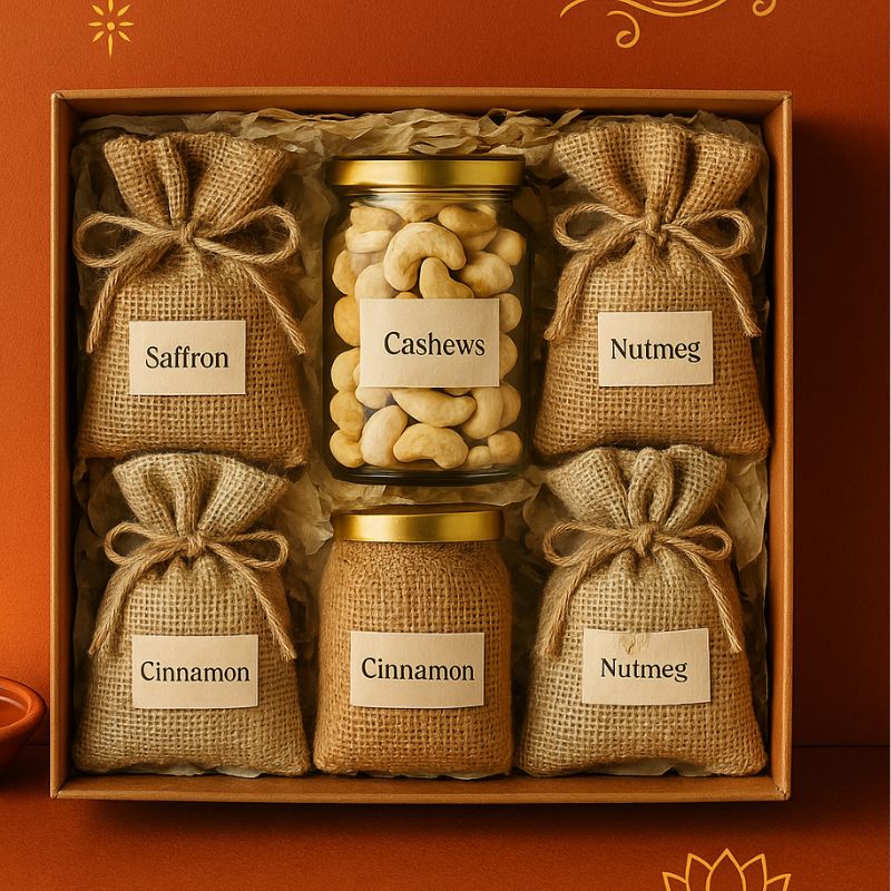 Luxury corporate gift hamper containing premium nuts, dried fruits, and authentic Indian spices for client gifting