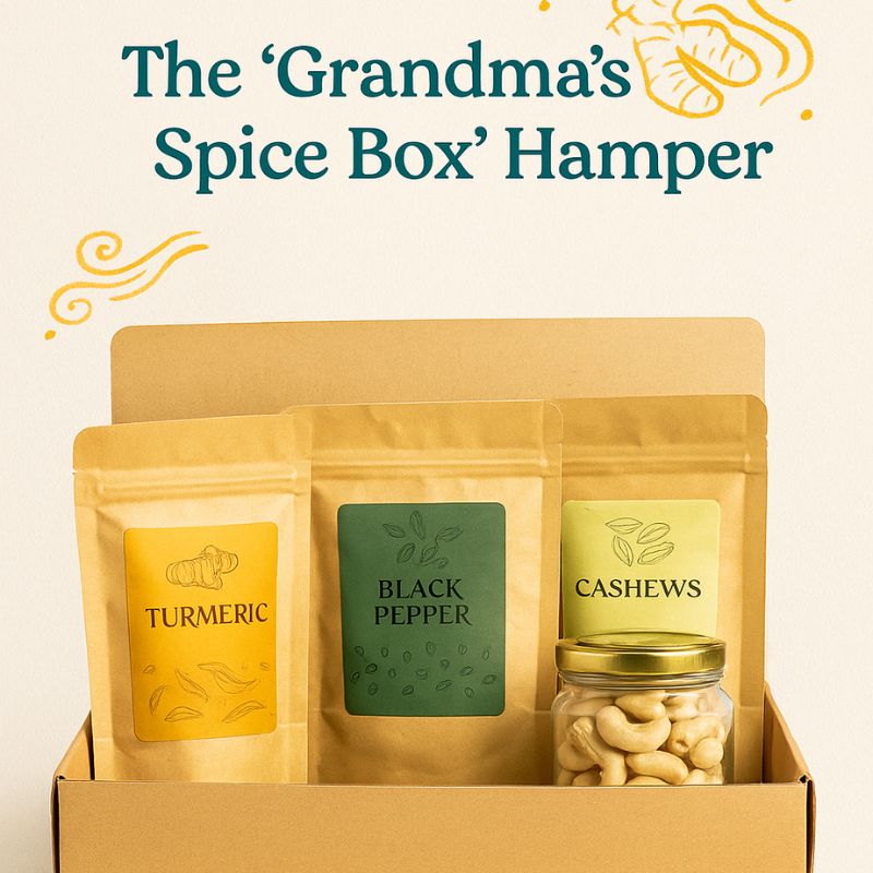 Eco-friendly corporate gift set with organic dry fruits, traditional spices, and sustainable packaging